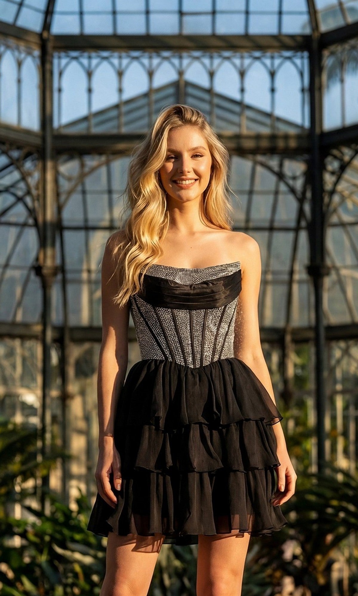 Wearing the black Juliet JT7135S short homecoming dress, which features a strapless corset bodice and a tiered chiffon skirt, a woman stands smiling in a glass conservatory filled with plants and sunlight.